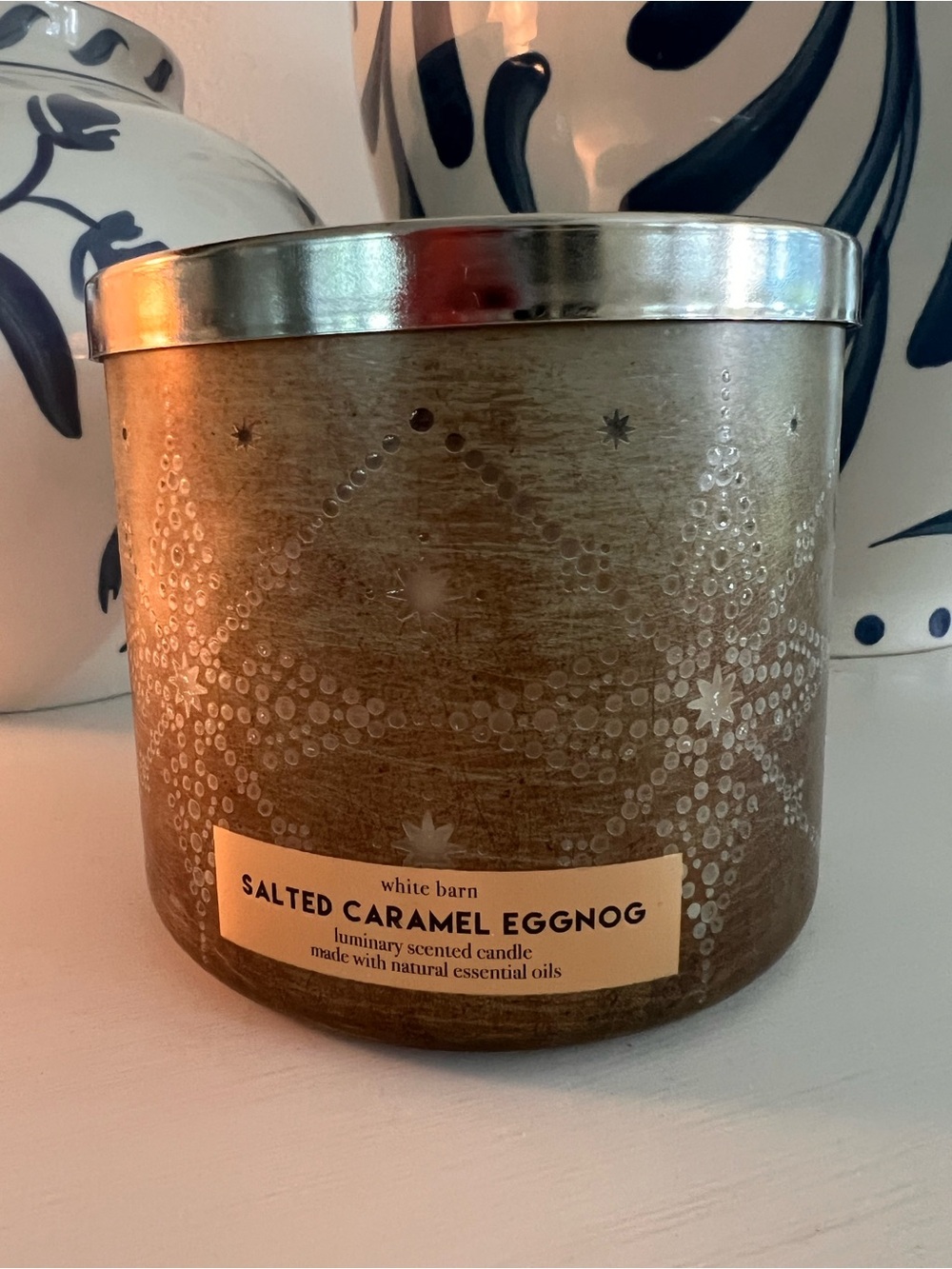 White Barn Salted Caramel Eggnog Luminary Candle in Metallic Gold and Silver